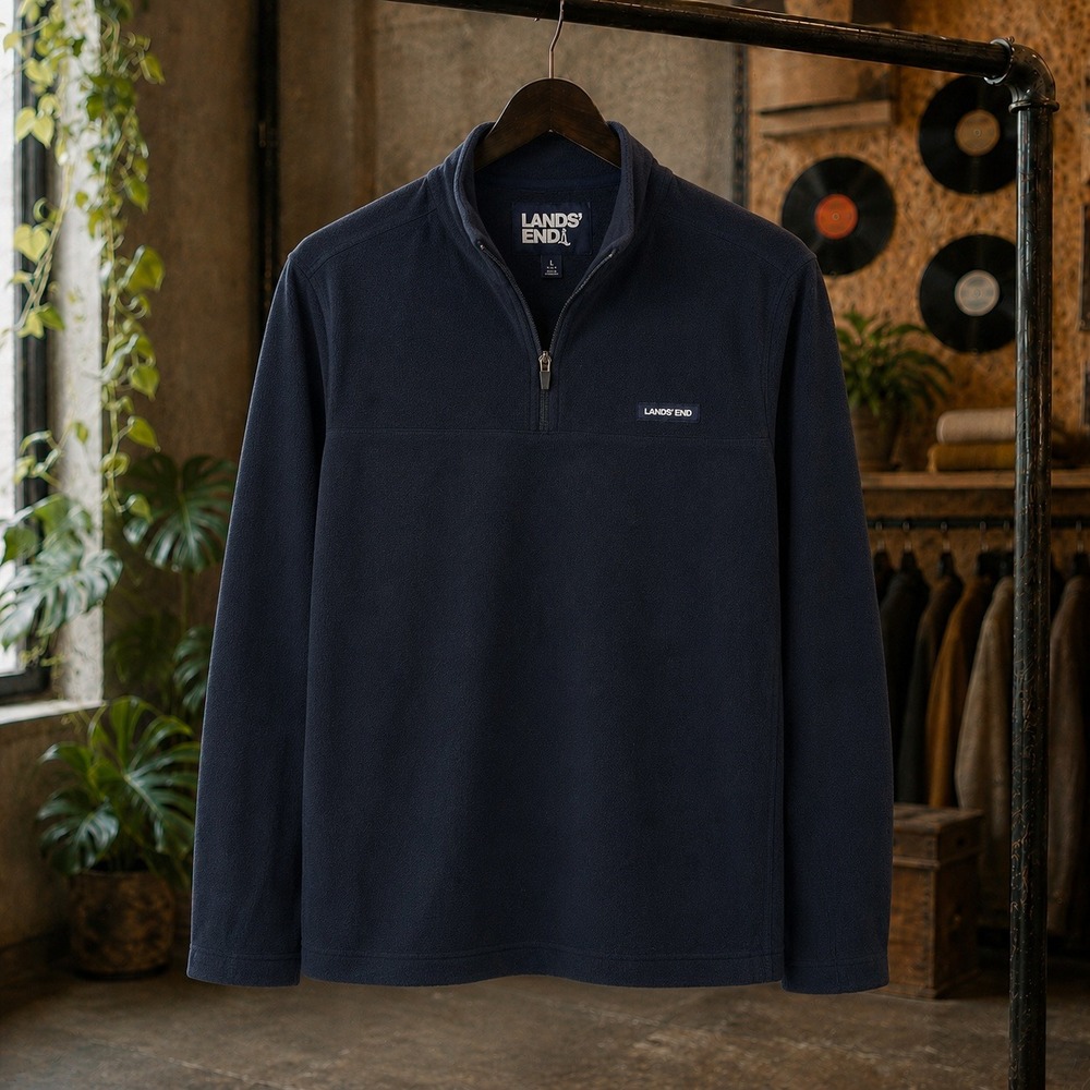 Lands End Mens Quarter Zip Fleece Pullover Navy Blue Large Gorpcore RN62830